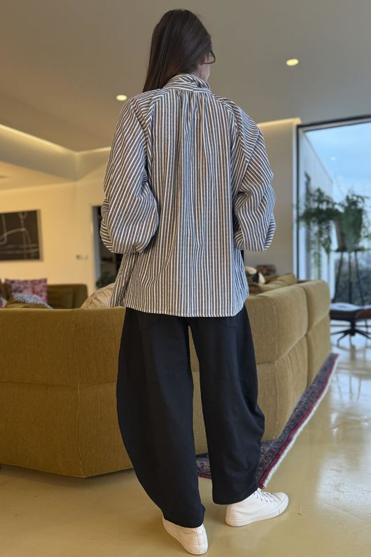 Nantucket Stripe Tie Neck Blouse Charcoal